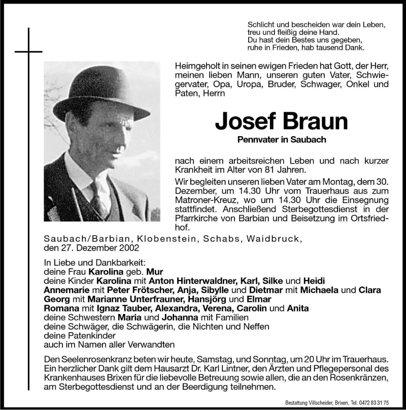  Traueranzeige für Josef Braun vom 28.12.2002 aus Dolomiten