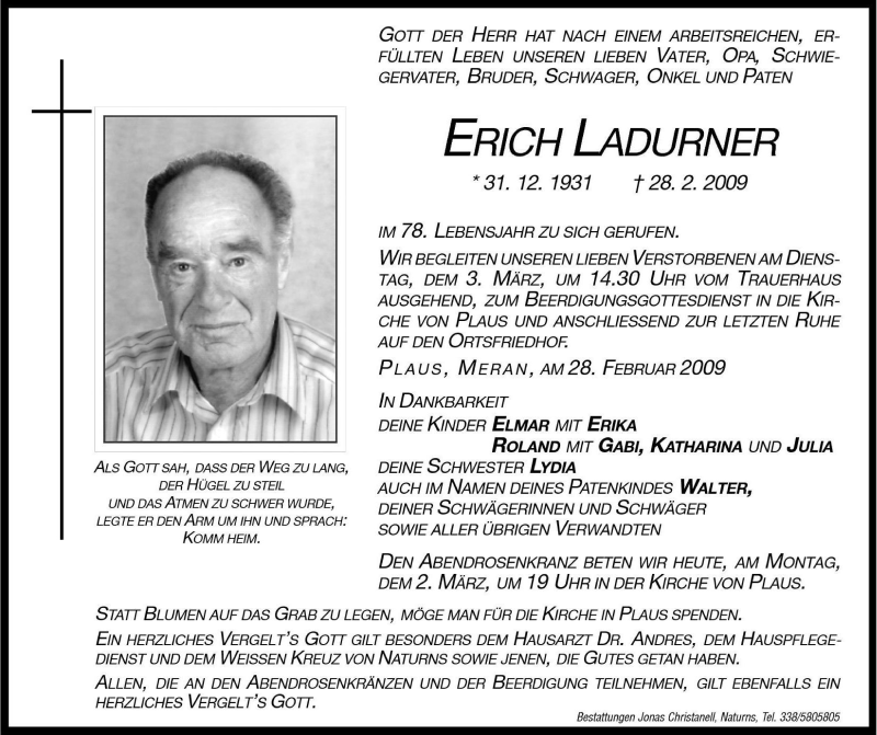  Traueranzeige für Erich Ladurner vom 02.03.2009 aus Dolomiten