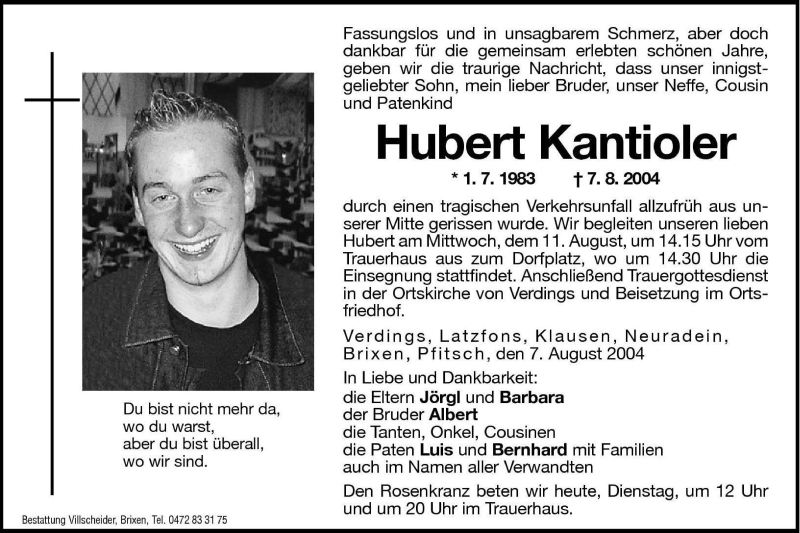  Traueranzeige für Hubert Kantioler vom 10.08.2004 aus Dolomiten