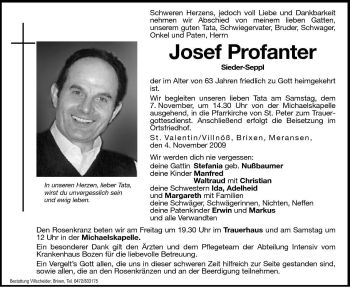 Traueranzeige von Josef Profanter von Dolomiten