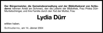 Traueranzeige von Lydia Dürr von Dolomiten