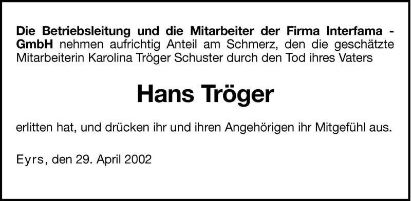  Traueranzeige für Hans Tröger vom 29.04.2002 aus Dolomiten