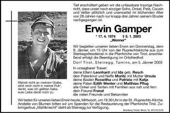 Traueranzeige von Erwin Gamper von Dolomiten