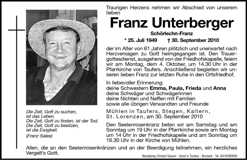  Traueranzeige für Franz Unterberger vom 02.10.2010 aus Dolomiten