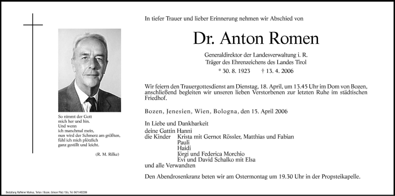  Traueranzeige für Anton Romen vom 15.04.2006 aus Dolomiten