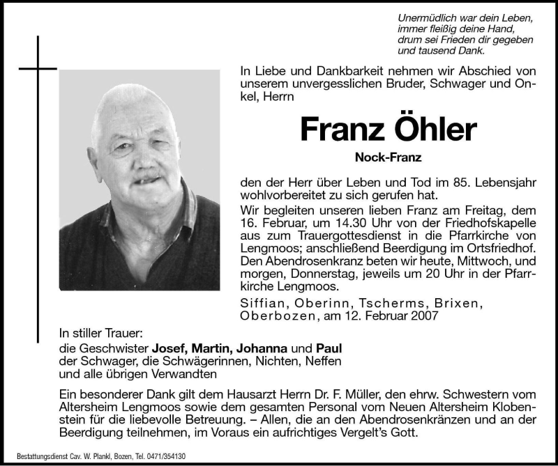  Traueranzeige für Franz Öhler vom 14.02.2007 aus Dolomiten