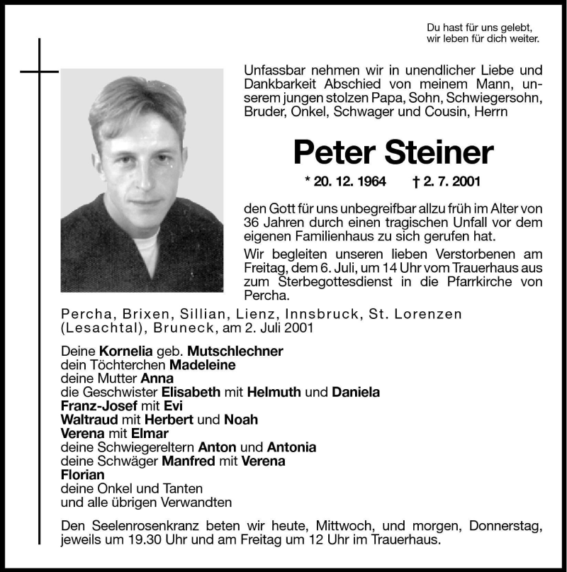  Traueranzeige für Peter Steiner vom 04.07.2001 aus Dolomiten