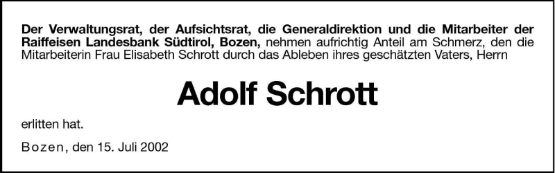  Traueranzeige für Adolf Schrott vom 16.07.2002 aus Dolomiten