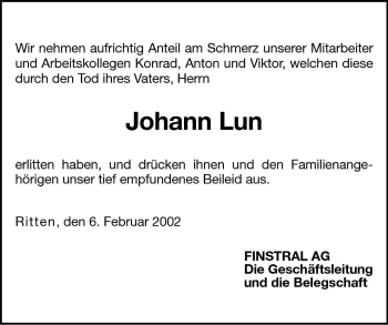 Traueranzeige von Johann Lun von Dolomiten
