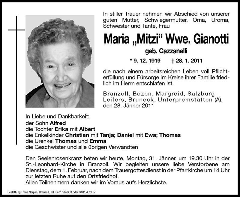  Traueranzeige für Maria Mitzi Gianotti vom 31.01.2011 aus Dolomiten