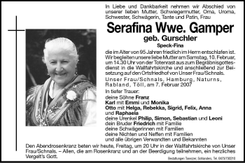 Traueranzeige von Serafina Gamper von Dolomiten