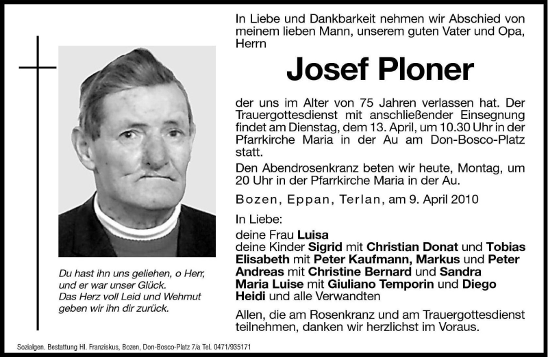  Traueranzeige für Josef Ploner vom 12.04.2010 aus Dolomiten