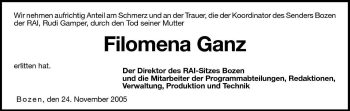 Traueranzeige von Filomena Ganz von Dolomiten