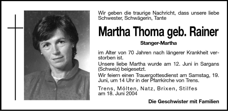  Traueranzeige für Martha Thoma vom 18.06.2004 aus Dolomiten