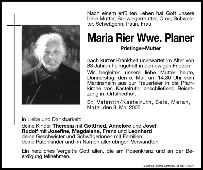  Traueranzeige für Maria Rier vom 05.05.2005 aus Dolomiten