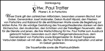 Traueranzeige von Paul Tratter von Dolomiten