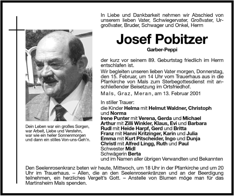  Traueranzeige für Josef Pobitzer vom 14.02.2001 aus Dolomiten
