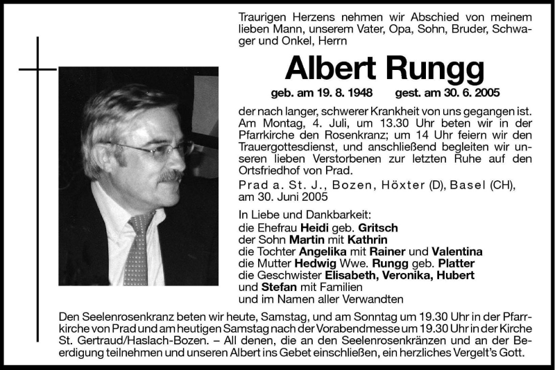  Traueranzeige für Albert Rungg vom 02.07.2005 aus Dolomiten