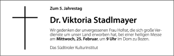 Traueranzeige von Viktoria Stadlmayer von Dolomiten