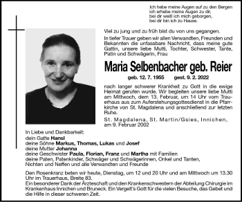 Traueranzeige von Maria Selbenbacher von Dolomiten