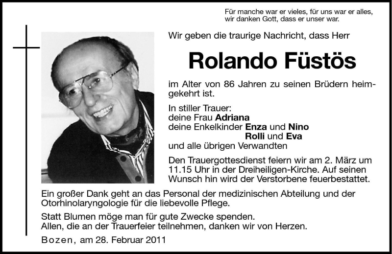  Traueranzeige für Rolando Füstös vom 01.03.2011 aus Dolomiten