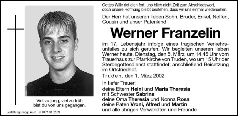  Traueranzeige für Werner Franzelin vom 05.03.2002 aus Dolomiten