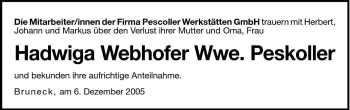 Traueranzeige von Hadwiga Webhofer von Dolomiten