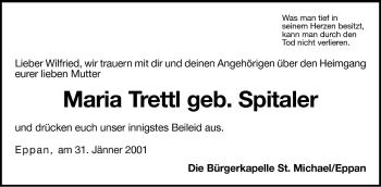 Traueranzeige von Maria Trettl von Dolomiten