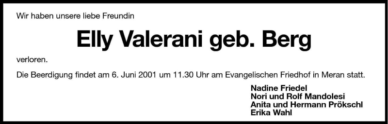  Traueranzeige für Elly Valerani vom 29.05.2001 aus Dolomiten