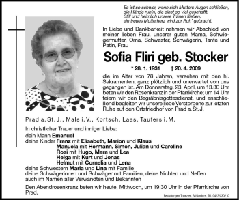 Traueranzeige von Sofia Fliri von Dolomiten