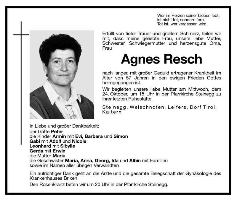 Traueranzeigen Von Agnes Resch | Trauer.bz