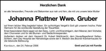 Traueranzeige von Johanna Gruber von Dolomiten