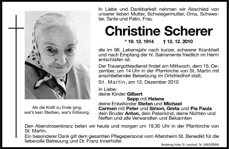  Traueranzeige für Christine Scherer vom 13.12.2010 aus Dolomiten