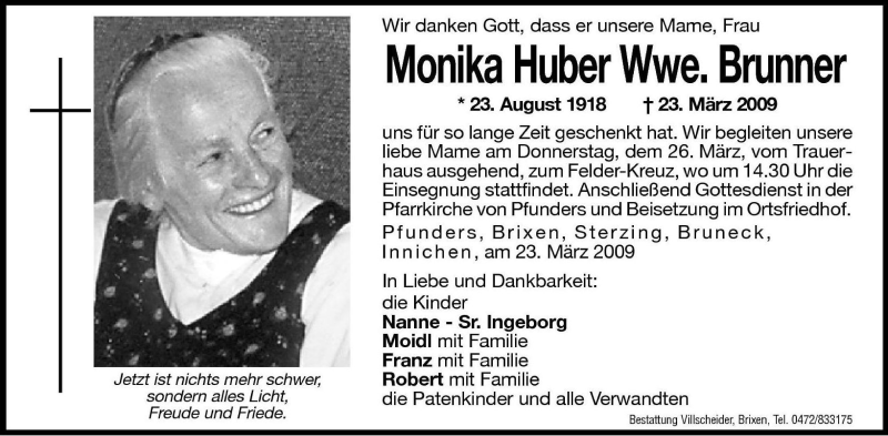  Traueranzeige für Monika Brunner vom 25.03.2009 aus Dolomiten