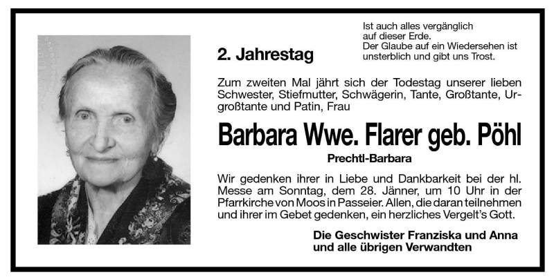  Traueranzeige für Barbara Flarer vom 26.01.2001 aus Dolomiten