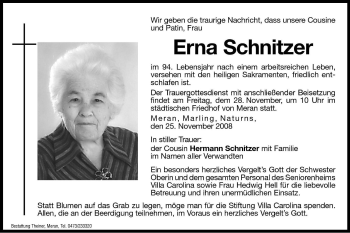 Traueranzeige von Erna Schnitzer von Dolomiten