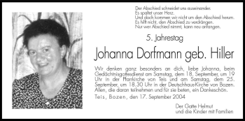Traueranzeige von Johanna Dorfmann von Dolomiten