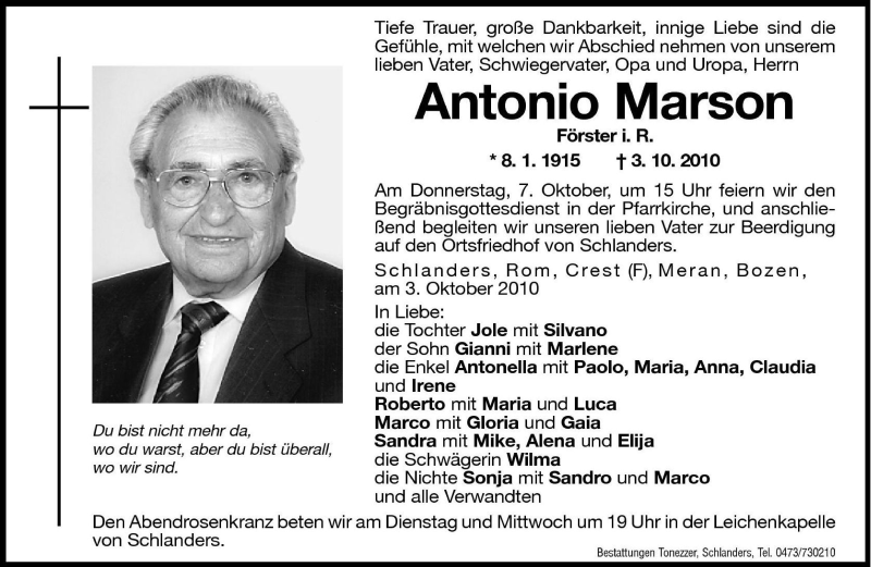  Traueranzeige für Antonio Marson vom 05.10.2010 aus Dolomiten