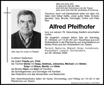 Traueranzeige von Alfred Pfeifhofer von Dolomiten