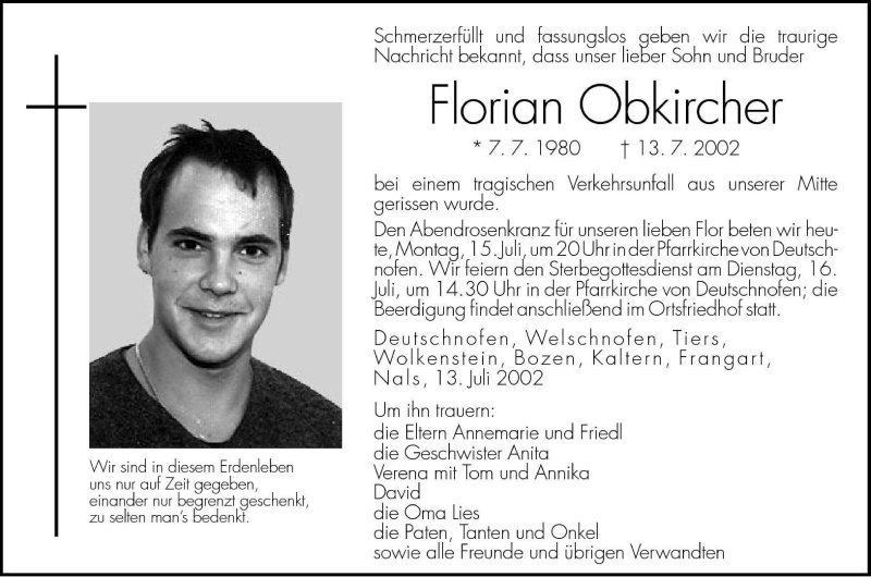  Traueranzeige für Florian Obkircher vom 15.07.2002 aus Dolomiten