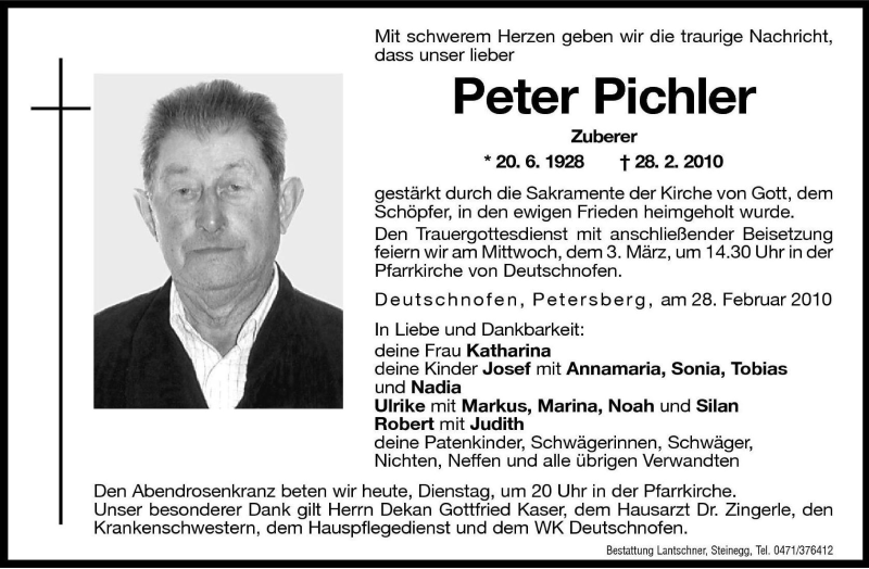  Traueranzeige für Peter Pichler vom 02.03.2010 aus Dolomiten