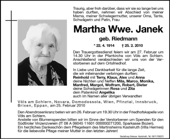 Traueranzeige von Martha Janek von Dolomiten
