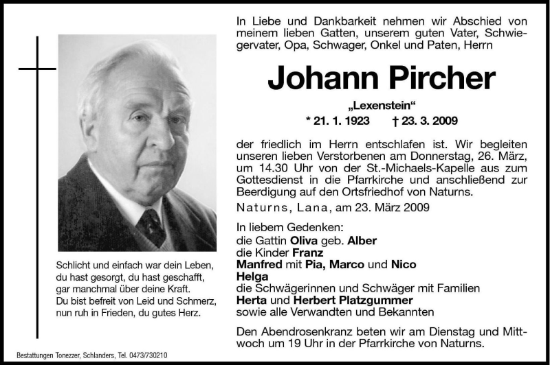  Traueranzeige für Johann Pircher vom 24.03.2009 aus Dolomiten