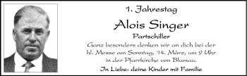 Traueranzeige von Alois Singer von Dolomiten