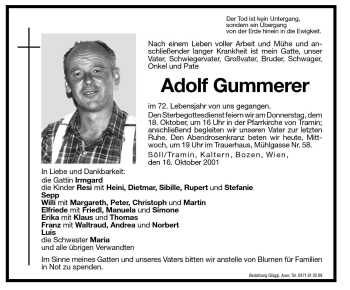 Traueranzeige von Adolf Gummerer von Dolomiten