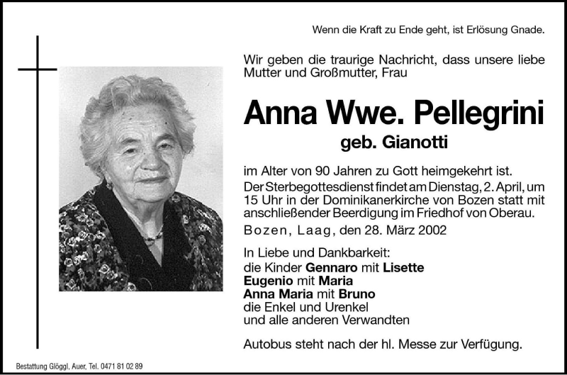  Traueranzeige für Anna Pellegrini vom 30.03.2002 aus Dolomiten