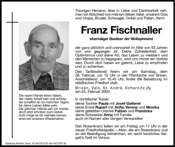 Traueranzeige von Franz Fischnaller von Dolomiten