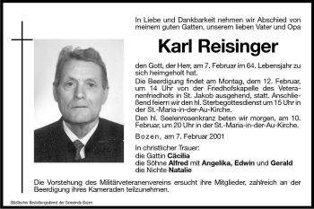 Traueranzeige von Karl Reisinger von Dolomiten