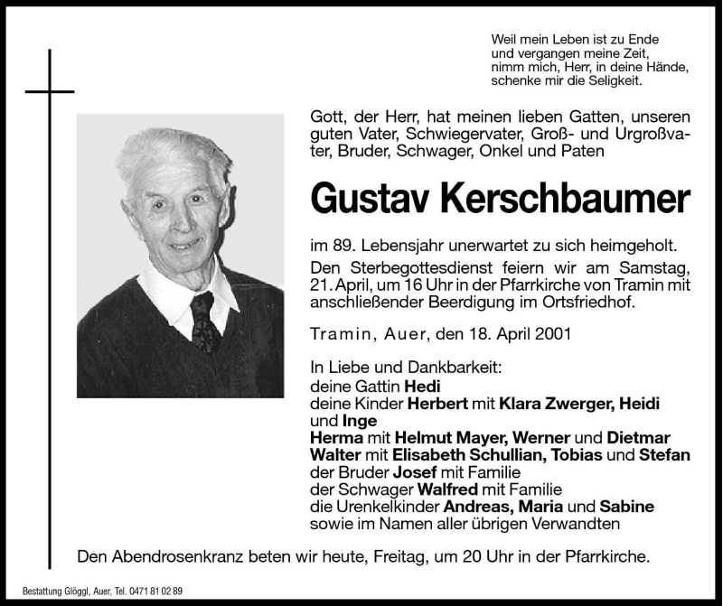  Traueranzeige für Gustav Kerschbaumer vom 20.04.2001 aus Dolomiten