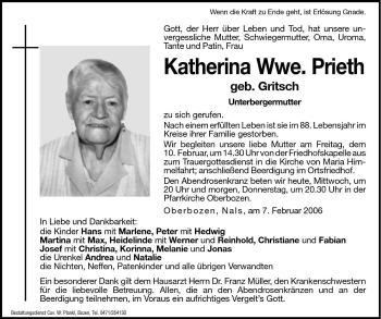 Traueranzeige von Katherina Prieth von Dolomiten